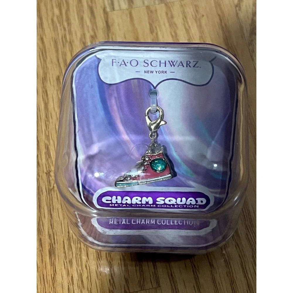 FAO Schwarz Charm Squad Pink Sneaker Metal Charm with Teal Gemstone New in Box